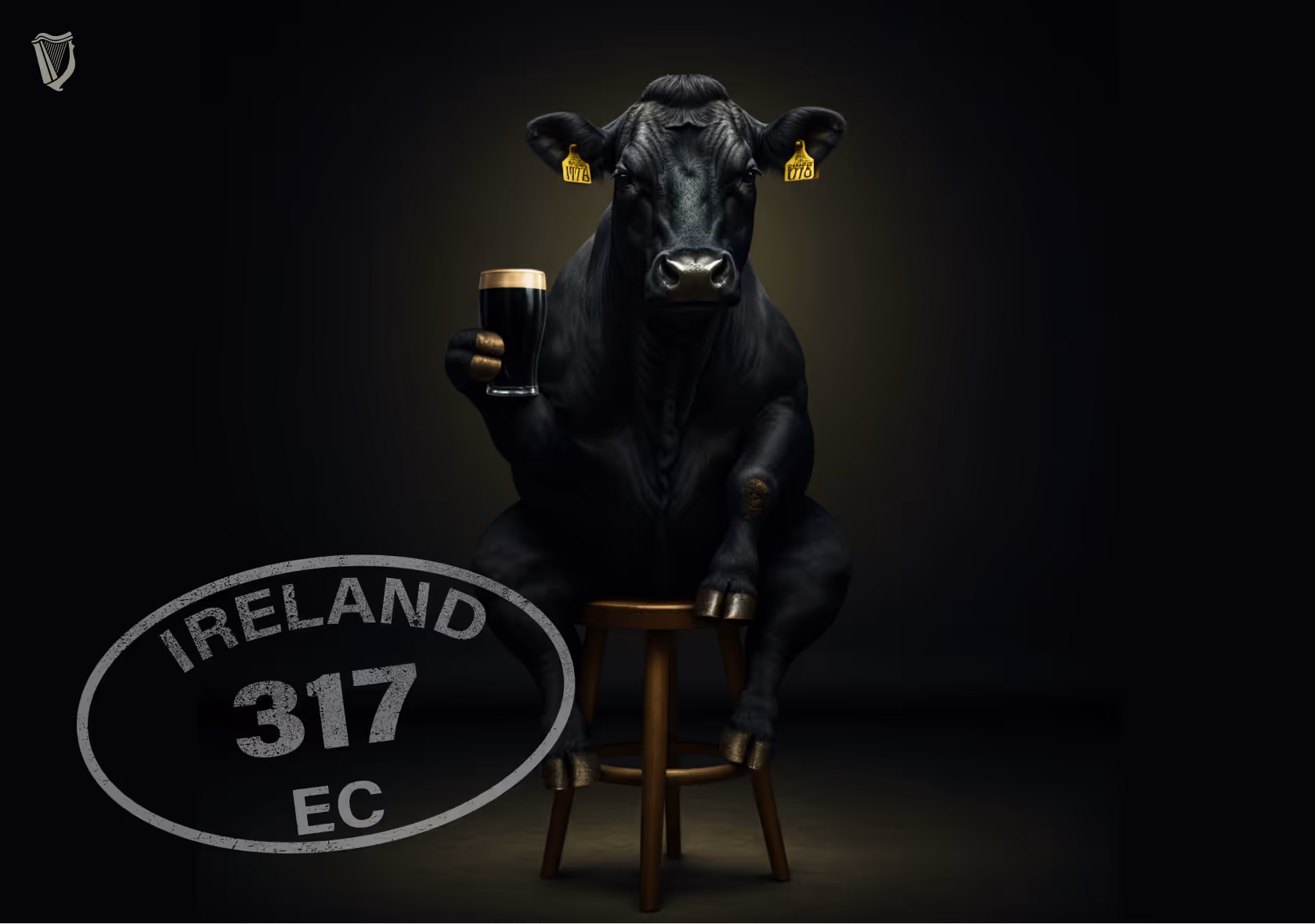 Studio‑style photograph of a black cow holding a pint of dark beer, overlaid with an 'Ireland 317 EC' meat stamp.