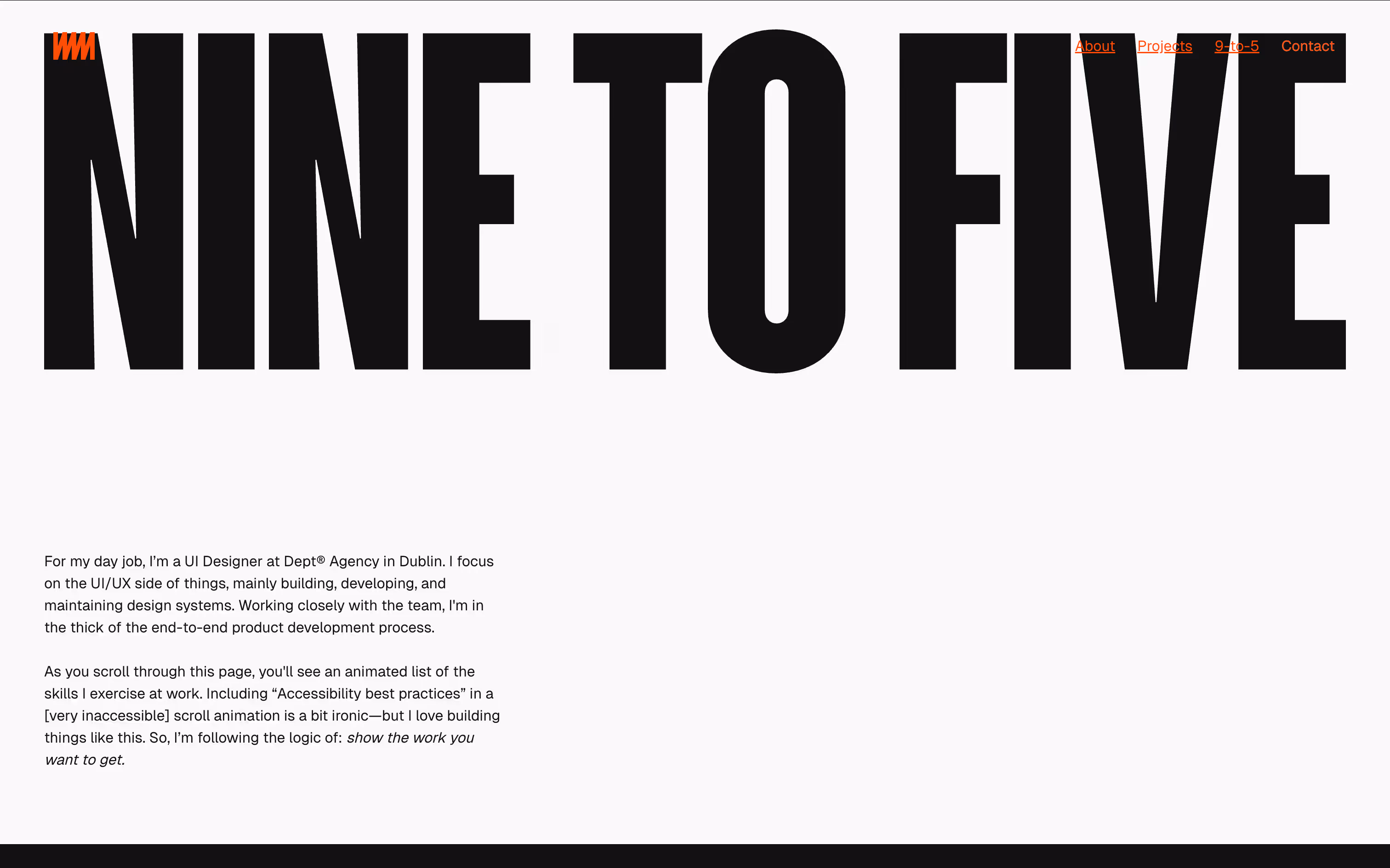 Screenshots of the previous Nine‑to‑five page header with large titles over coloured backgrounds.