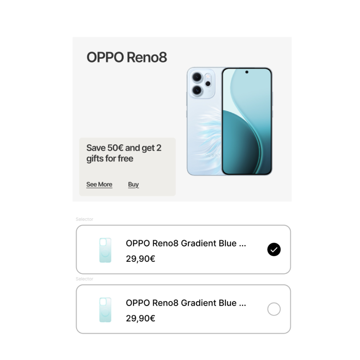 OPPO Reno12 smartphone in light blue with front display and rear cameras, promotion text offers saving 50€ and 2 free gifts, buttons labeled See More and Buy below. Below are two product selector options for OPPO Reno14 Gradient Blue phone cases priced at 29,90€, one selected with a checkmark.