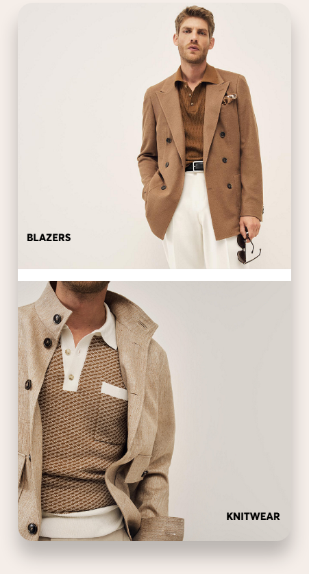 Top image shows a man wearing a brown double-breasted blazer over a brown knit shirt with white pants, holding sunglasses. Bottom image shows a close-up of a man wearing a beige button-up jacket over a brown patterned knit polo shirt with white collar and cuffs.