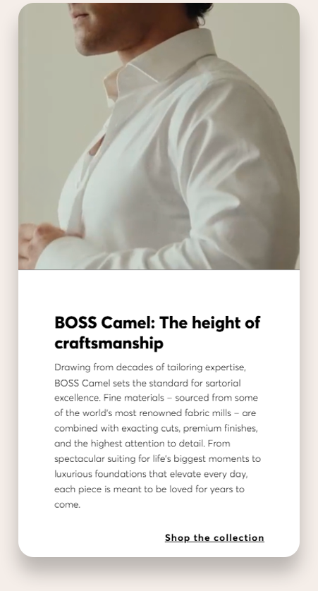 Close-up of a man wearing a white dress shirt, shown from the neck to mid-torso, buttoning the cuff with text below promoting BOSS Camel's tailoring craftsmanship and high-quality suiting.