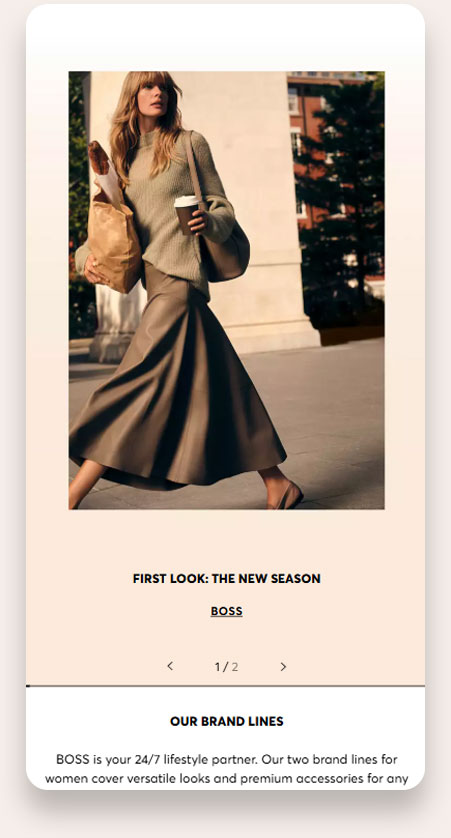 Woman in a green sweater and long brown skirt walking outdoors carrying a paper bag with baguettes and a coffee cup, with text below reading 'First Look: The New Season BOSS'.