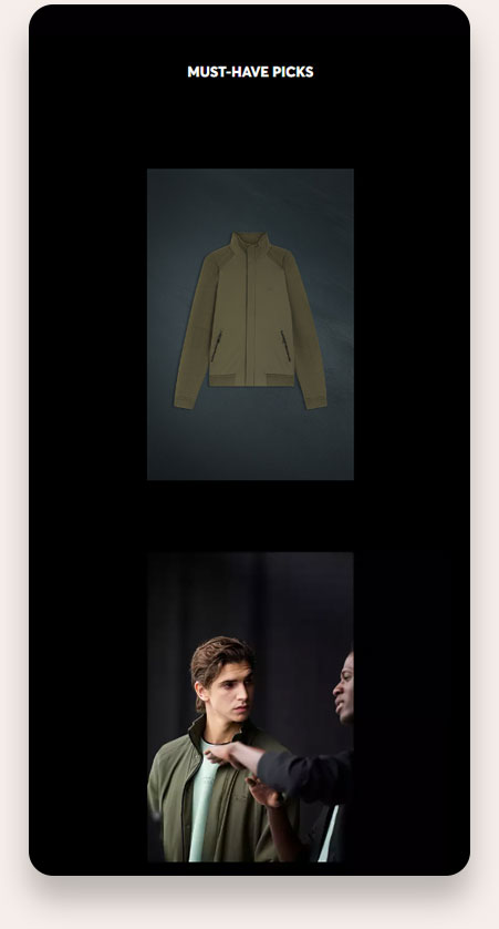 Under the heading 'MUST-HAVE PICKS,' an olive green jacket is displayed on a dark background, above a photo of a young man wearing a similar olive green jacket while another person adjusts or gestures near him.