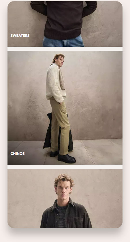 A vertical layout showcasing men's fashion items labeled Sweaters and Chinos. The top section shows a man wearing a black sweater and blue jeans, cropped at the chest. The middle section features a man standing sideways wearing a beige sweater, khaki chinos, black shoes, holding a black coat with a neutral background. The bottom section shows a man facing forward wearing a dark jacket over a dark striped shirt against a neutral backdrop.
