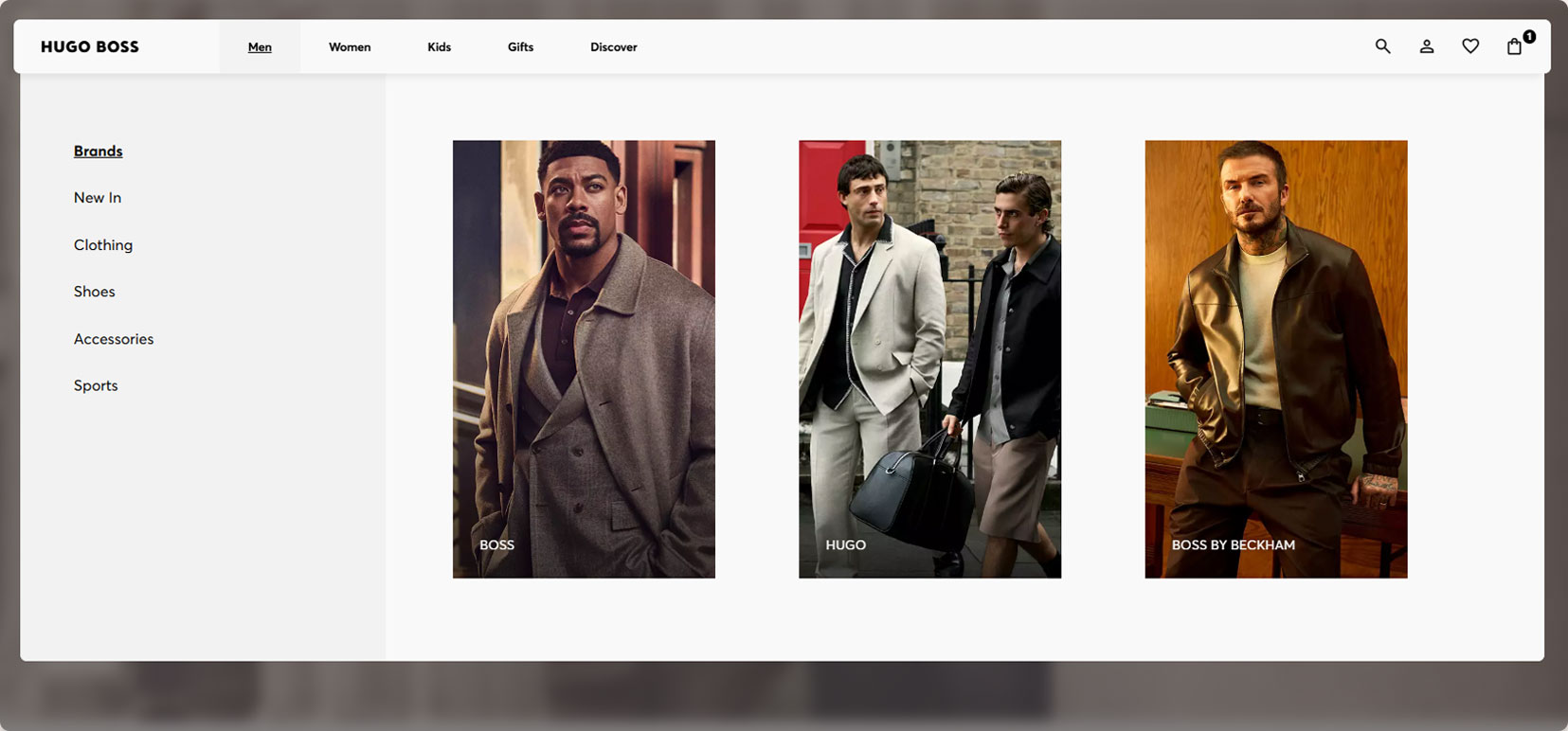 Website navigation for Hugo Boss men’s section showing categories Brands, New In, Clothing, Shoes, Accessories, and Sports on the left, with three large images of men modeling fashion styles labeled BOSS, HUGO, and BOSS BY BECKHAM.
