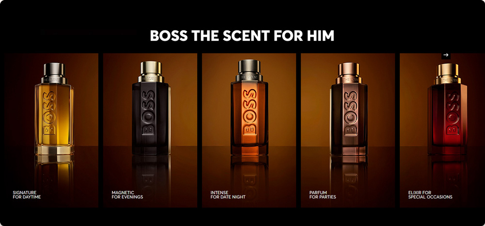 Five bottles of BOSS men's fragrance lined up against a dark brown background with the text 'BOSS THE SCENT FOR HIM' above. Each bottle is labeled for different occasions: Signature for daytime, Magnetic for evenings, Intense for date night, Parfum for parties, and Elixir for special occasions.