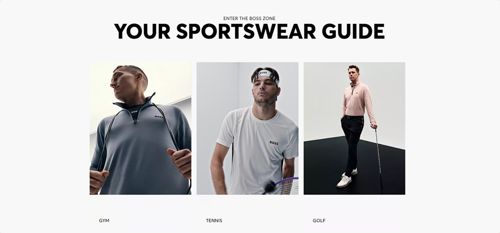 Sportswear guide showing three men styled for different sports: left, man in a gray BOSS half-zip pullover holding jump rope for gym; center, man in white BOSS t-shirt and headband holding tennis racquet; right, man in light pink BOSS long-sleeve polo with dark pants holding golf club.