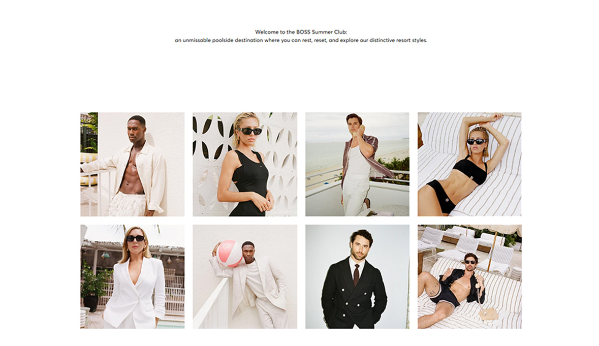 Collage of eight stylishly dressed models posing in summer resort wear: three women and five men in swimwear, light suits, and casual outfits at poolside and outdoor locations.