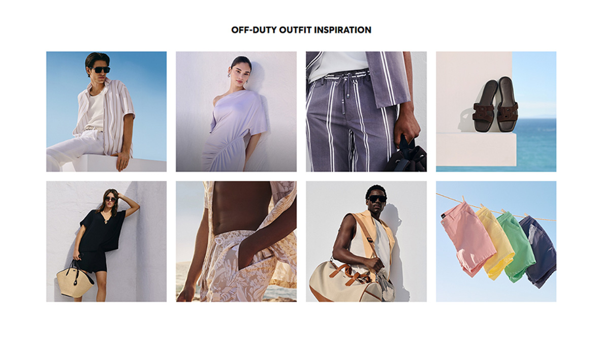 Collage of eight images under the title 'OFF-DUTY OUTFIT INSPIRATION' showing stylish summer clothing and accessories: a man in white pants and a striped shirt, a woman in a light purple off-shoulder dress, close-up of a person wearing striped purple shorts and matching jacket, brown slip-on sandals by the ocean, woman in a black dress holding a large straw bag, close-up of a man in light floral shorts and open shirt at the beach, man with sunglasses holding a large beige and brown duffel bag, and pastel-colored shorts hanging on a clothesline against a blue sky.