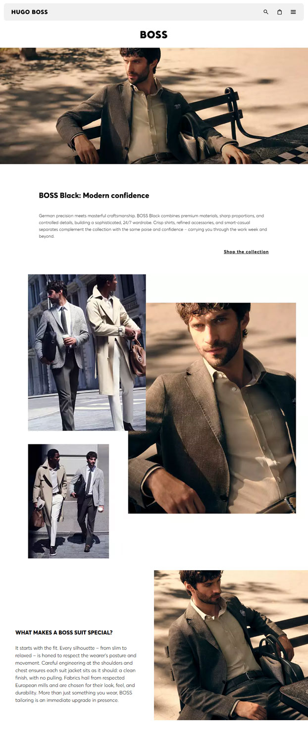 BOSS Black fashion collection webpage featuring a man in a brown suit sitting on a bench outdoors with dappled sunlight; additional images show two men walking and posing in stylish suits, one in a light gray jacket and the other in a beige trench coat, highlighting modern, sophisticated menswear with sharp tailoring and premium materials.