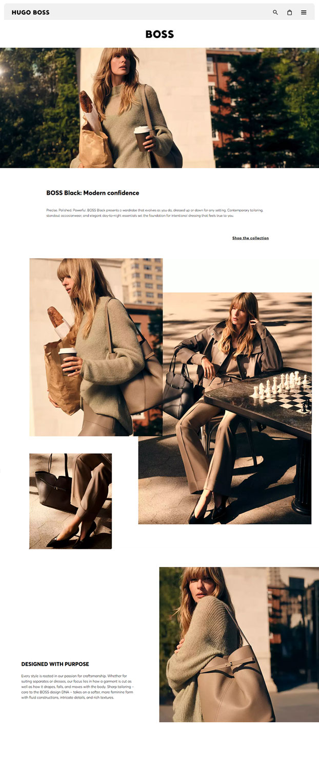 Fashion campaign images featuring a woman with long blonde hair wearing neutral-toned modern clothing and accessories, including a green sweater and tan pants, carrying a large tan handbag, holding a coffee cup and baguette in a paper bag, and sitting at an outdoor chess table in sunlight with sophisticated casual styles.