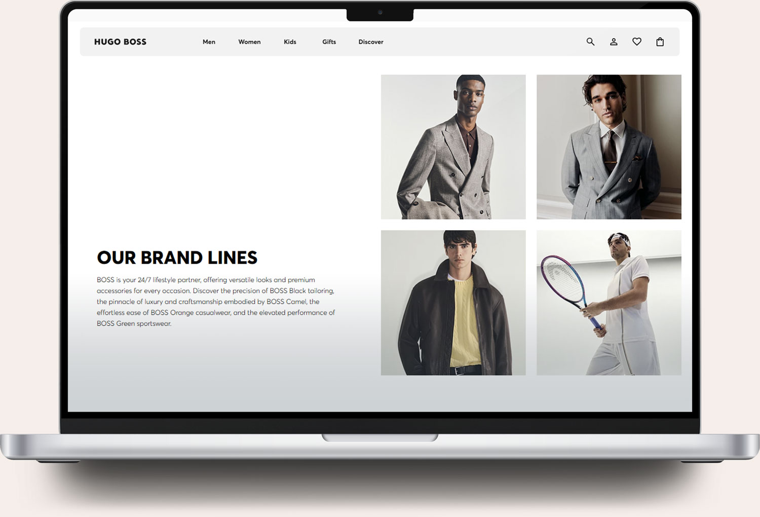 Laptop screen displaying the Hugo Boss website with a section titled 'Our Brand Lines,' describing various Hugo Boss collections, alongside photos of four male models showcasing different styles including formal suits, casual wear, and sportswear.