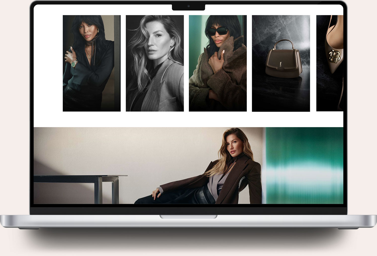 Laptop screen displaying a fashion website featuring portrait photos of two women, one in black and white and the other in color wearing sunglasses and a fur coat, alongside images of a brown handbag and a pointed shoe with a gold emblem, with a larger photo below of a woman reclining, dressed in a brown blazer and silky blouse against a minimalist background.