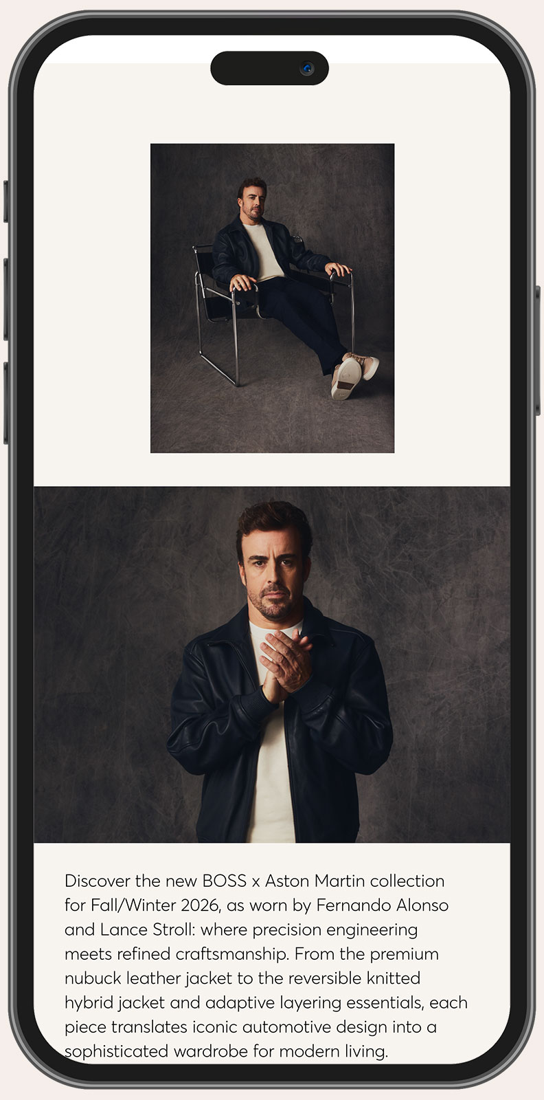 Two portraits of a man with dark hair and beard wearing a black leather jacket and light-colored shirt against a dark textured backdrop; in the upper image, he is seated in a metal-frame chair with one leg extended forward, while in the lower image, he stands facing the camera with hands clasped.