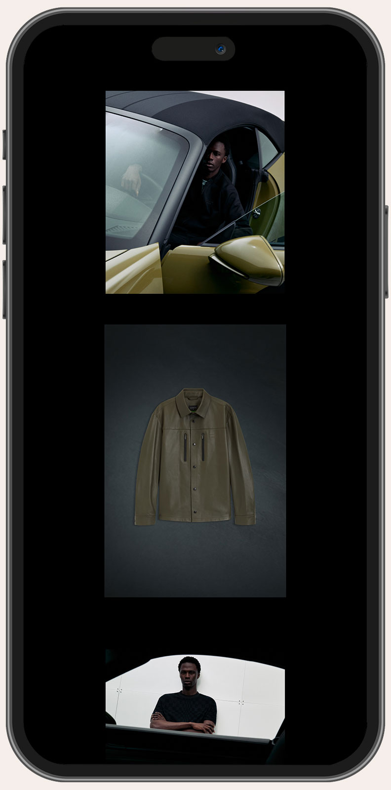 Mobile phone screen showing three images in a vertical scroll: The top image features a man sitting inside a yellow convertible car with the door open; the middle image displays an olive green button-up jacket with zipper pockets on a dark background; the bottom image shows the same man standing outside a car, visible through the window, with arms crossed and a neutral expression.