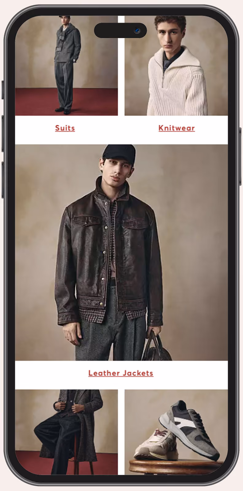 Mobile screen displaying a fashion catalog with sections for Suits, Knitwear, Leather Jackets, and Shoes featuring male models wearing stylish outfits including a grey suit, white knit sweater, dark leather jacket, and casual sneakers.