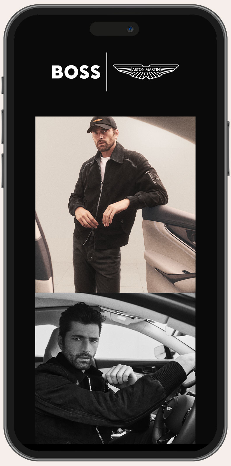 Smartly dressed man in a black jacket and cap posing beside and sitting inside a luxury car, featured on a smartphone screen under the BOSS and Aston Martin logos.