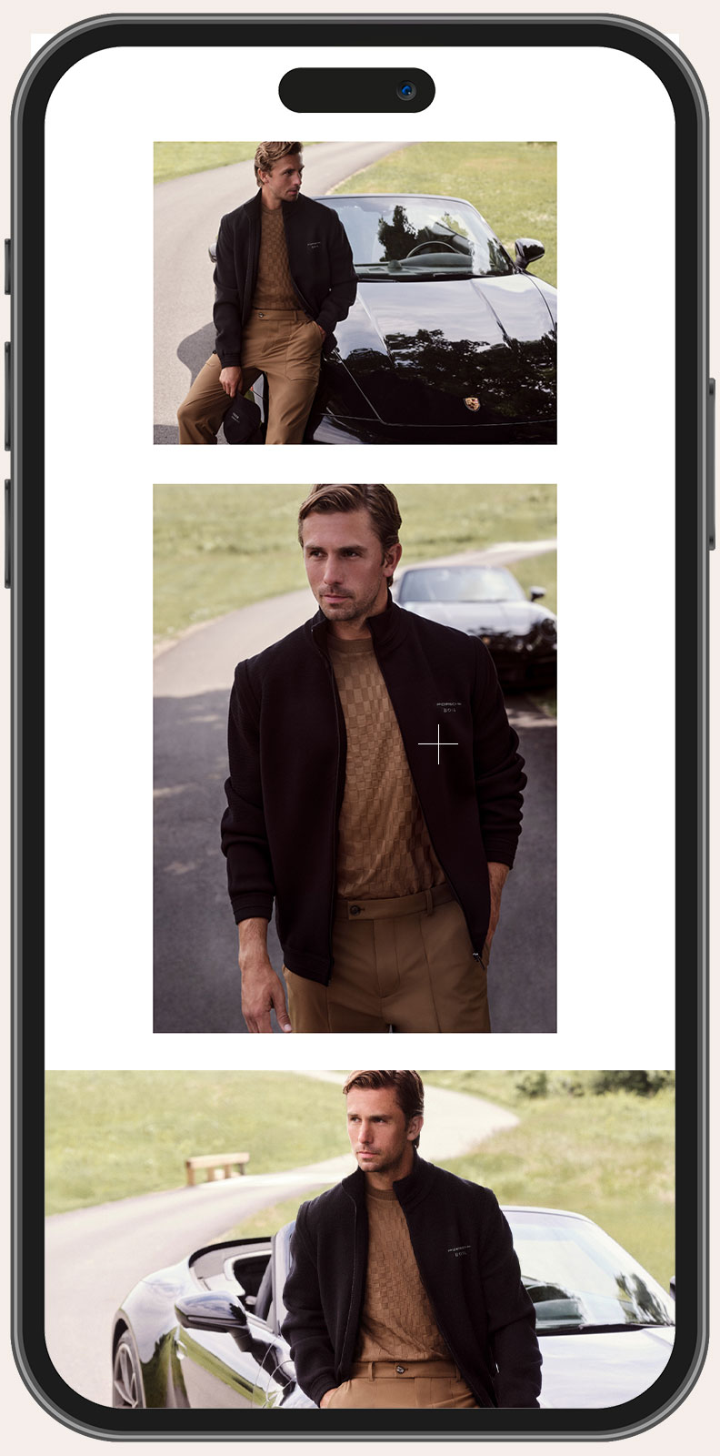 Three images of a man wearing a black zip-up jacket and brown checkered shirt with brown pants, posing outdoors by a black Porsche convertible on a curving road with grass fields.