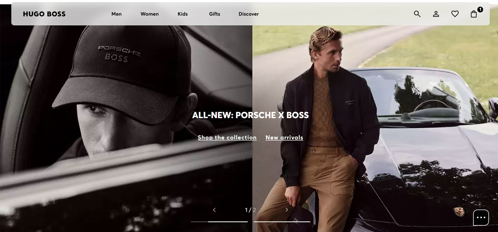 Left side shows a man inside a car wearing a black cap with Porsche BOSS branding; right side shows a man leaning against a black Porsche convertible, dressed in a brown sweater, beige pants, and black jacket holding a black cap.