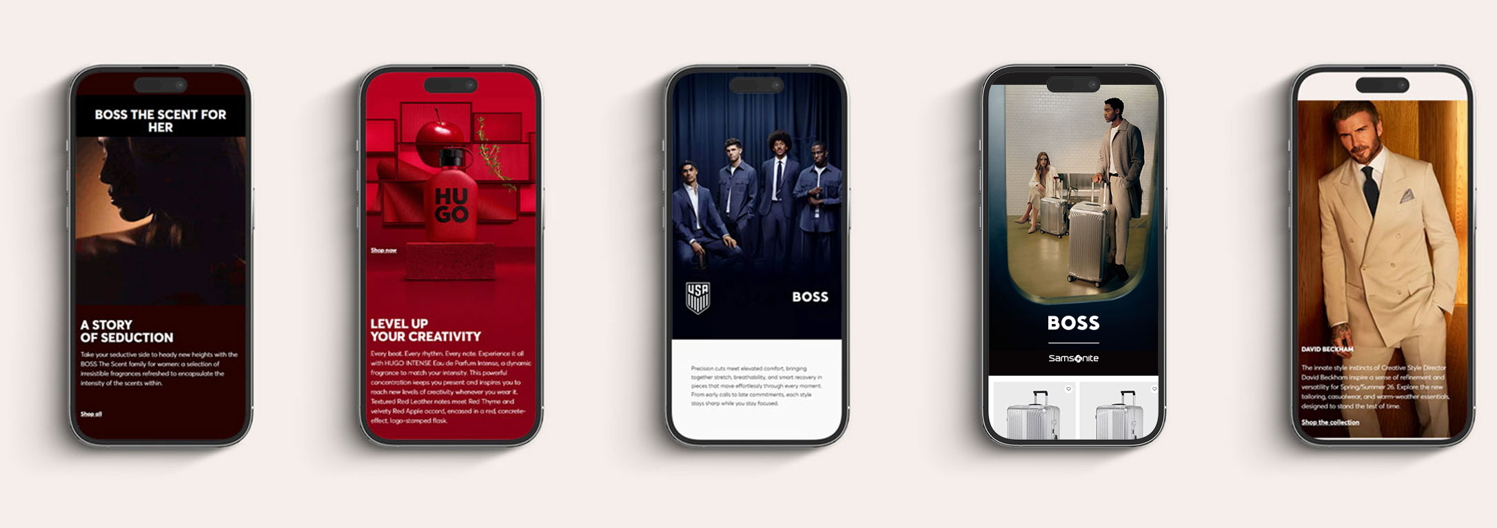 Five smartphones in a row each showing different Hugo Boss themed content: 1) A dark profile image of a woman with text about Boss The Scent for Her fragrance, 2) A red Hugo perfume bottle with text about Hugo Intense fragrance, 3) Four men dressed in formal and smart casual Boss attire with USA soccer logo, 4) A beige sneaker with text about gifting inspiration on a white background, 5) A photo of David Beckham in a beige double-breasted suit accompanied by text about his creative style director role and fashion collection.