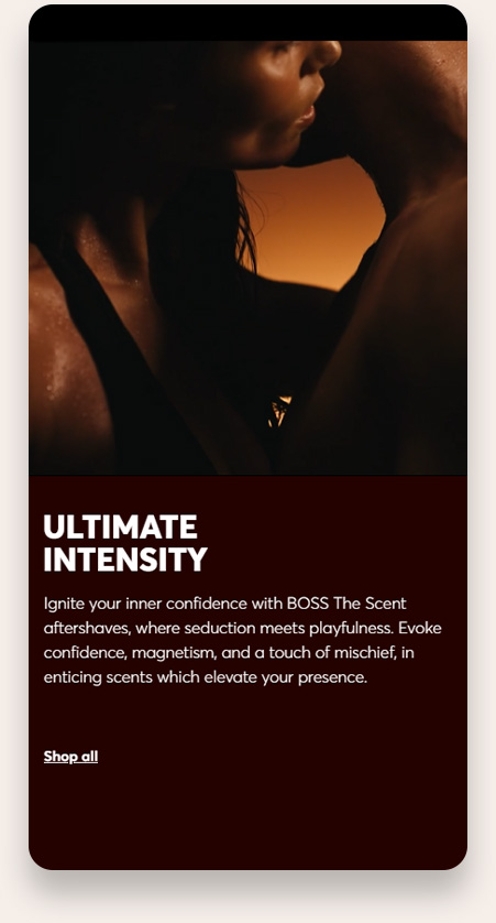 A close-up of a shirtless man and woman in an intimate pose against a warm orange background, above text promoting BOSS The Scent aftershaves emphasizing seduction, confidence, magnetism, and playfulness with a 'Shop all' link.