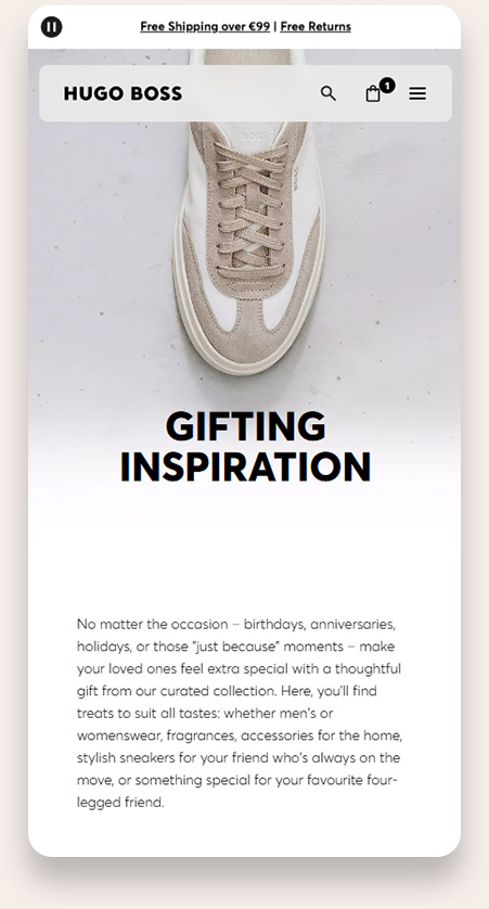 Mobile website screen for Hugo Boss showing a single beige and white sneaker above the bold text 'Gifting Inspiration' and a paragraph explaining gift ideas for various occasions including birthdays, anniversaries, and special moments, with options for men’s and womenswear, fragrances, accessories, sneakers, and gifts for pets.