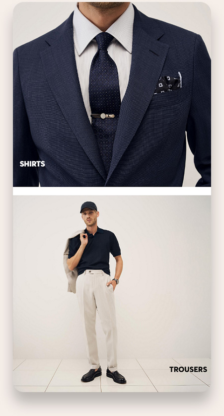 Two fashion images: top shows close-up of a man wearing a navy blue textured suit jacket, light blue shirt, dark blue patterned tie with a tie clip, and a navy patterned pocket square. Bottom shows a full body image of a man wearing beige trousers, black polo shirt, black shoes, black cap, holding a beige jacket over his shoulder, standing against a plain light background. Labels say 'SHIRTS' on top image and 'TROUSERS' on bottom image.