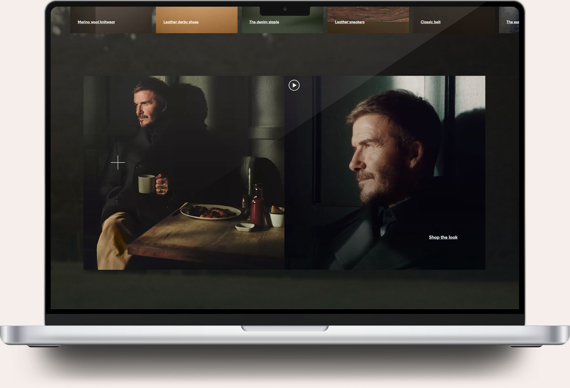 Laptop screen displaying a webpage with two side-by-side images of a man with a beard and mustache sitting indoors; in the left image, he holds a cup and sits beside a wooden table with a plate of food, in the right image, he gazes thoughtfully to the side against a dark background.