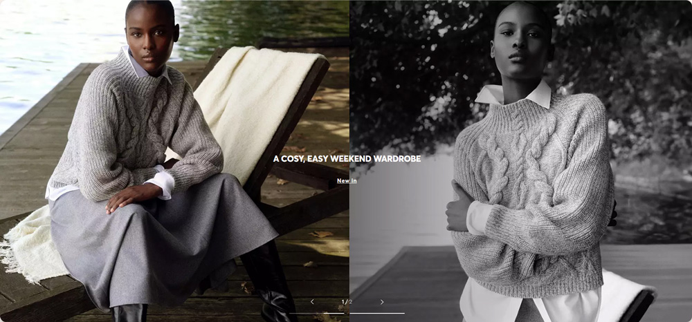 Side-by-side images of a woman by a lakeside dock wearing a textured gray cable knit sweater over a white shirt paired with a gray skirt and black boots, posing with a calm, confident expression; the left image is in color while the right one is black and white with her arms crossed. Text overlay reads: A cosy, easy weekend wardrobe.