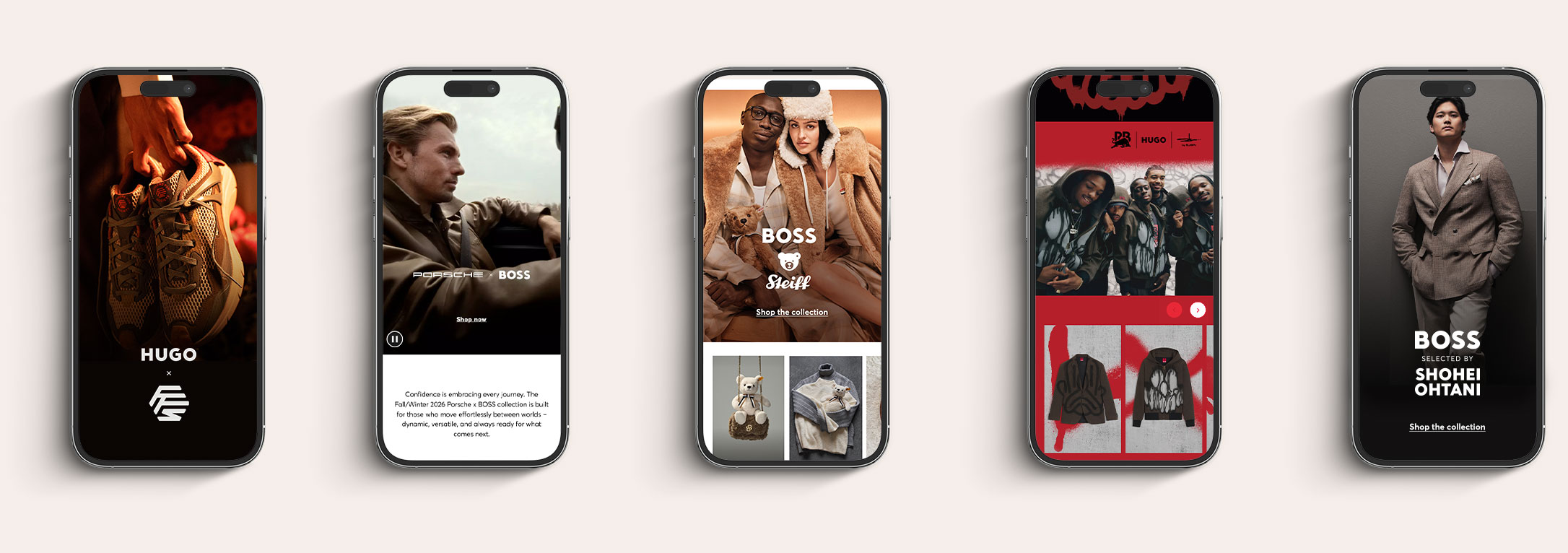 Five smartphones display different images from the HUGO and BOSS fashion collections: a hand holding beige sneakers with the HUGO logo, a man in a brown jacket with Porsche x BOSS branding and text about confidence, four men in blue suits under USA and BOSS logos with a description about performance fabrics, a group photo with streetwear and red graffiti with two jacket images, and a man in a brown suit with text: BOSS selected by Shohei Ohtani and a prompt to shop the collection.