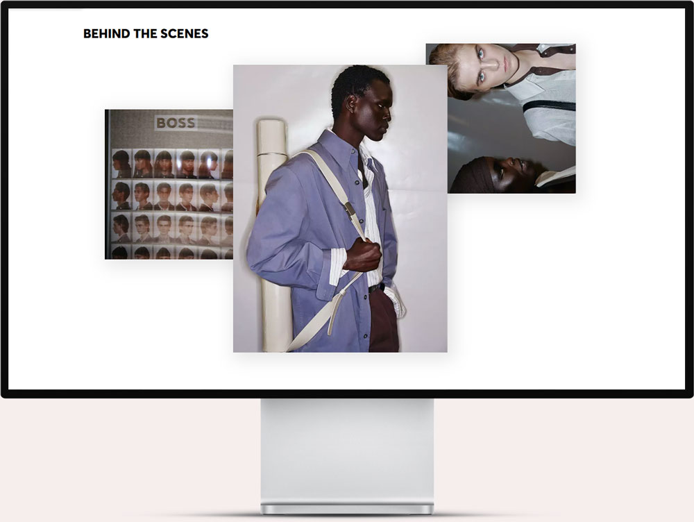 Computer screen displaying a behind the scenes fashion collage featuring three images: a profile shot of a dark-skinned male model wearing a blue jacket over a striped shirt with a strap over his shoulder, a panel with multiple black and white and color headshots labeled 'BOSS,' and a photo of two models, one light-skinned with blonde hair and one dark-skinned with a head wrap, looking towards the camera.