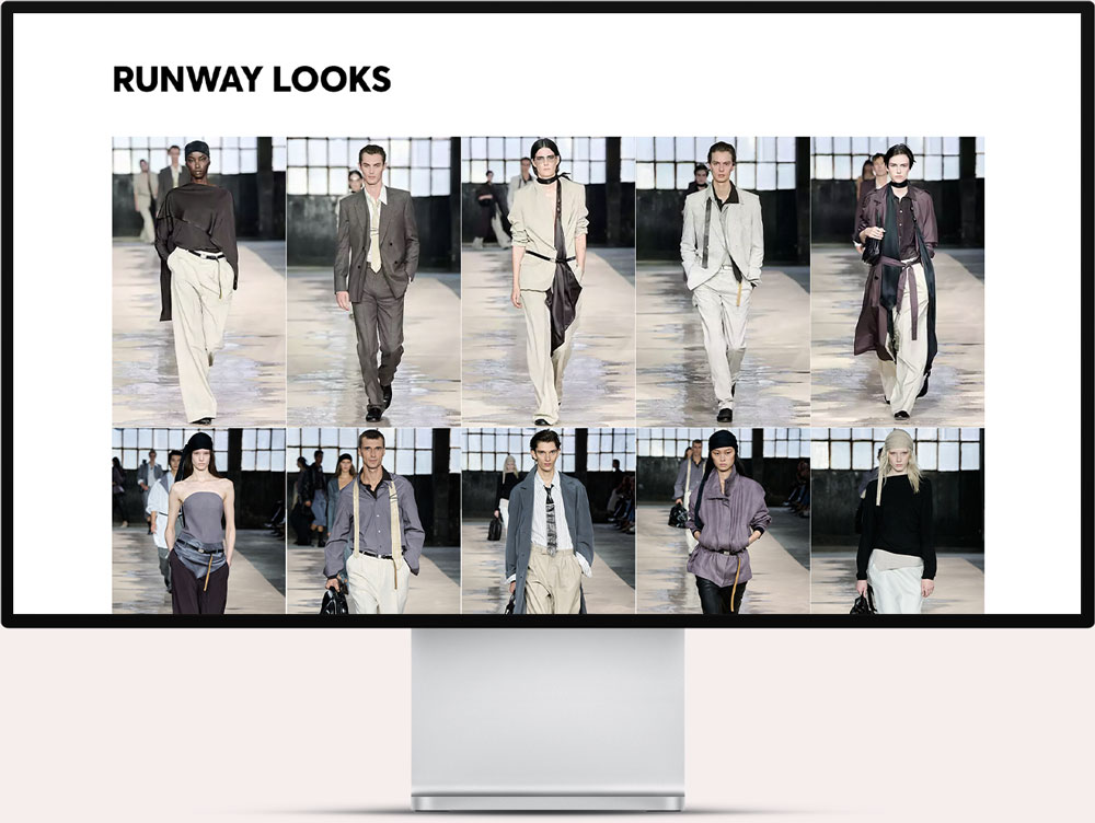 Computer screen displaying a collage of 10 runway fashion looks featuring male and female models in stylish outfits with neutral tones like beige, gray, and black including tailored suits, loose pants, jackets, and accessories such as belts, bags, and scarves, all walking on a runway with a bright windowed background.