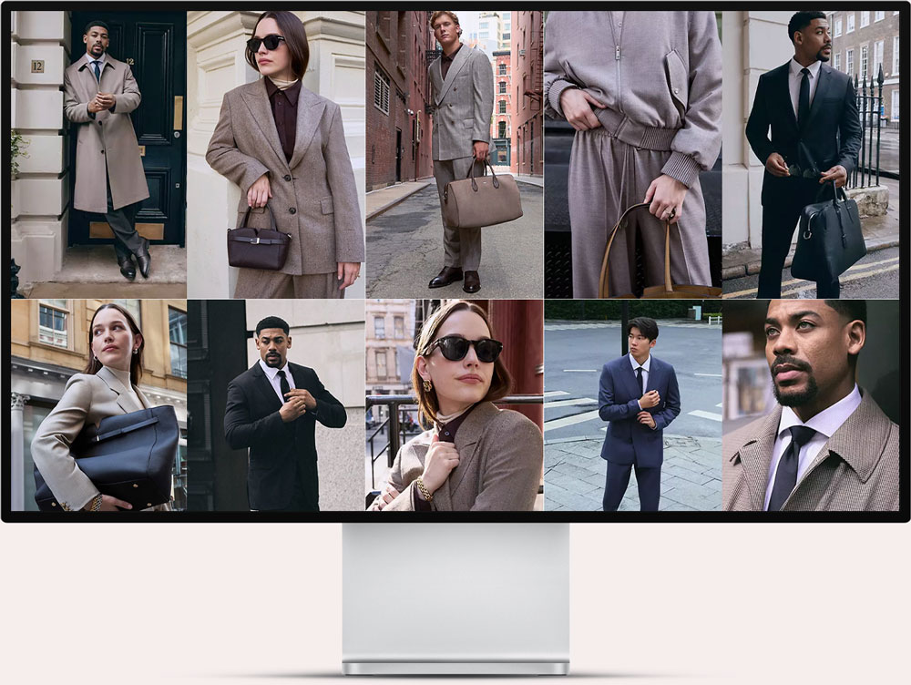 Grid collage of diverse models showcasing fashion accessories including handbags and briefcases paired with stylish coats, suits, and sunglasses in urban outdoor settings.