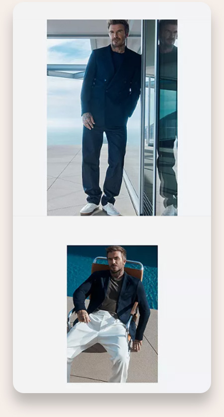 Two photos of a man with short brown hair and beard wearing stylish outfits. In the top photo, he stands casually against a glass wall in a dark blue suit with white sneakers, with a cloudy sky and outdoor terrace in the background. In the bottom photo, he sits relaxed on a chair by a blue pool, wearing a dark blazer and white pants, looking confidently ahead.