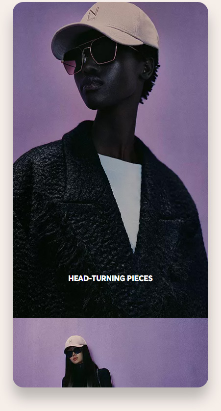 Portrait of a dark-skinned person wearing a beige baseball cap, large black sunglasses, a textured black coat, and a white shirt against a purple background with the text 'HEAD-TURNING PIECES.'