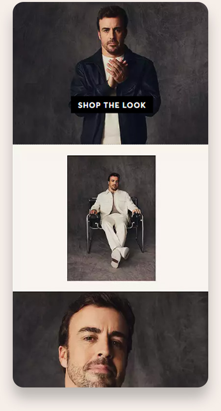 Three portraits of a man with dark hair and beard against a dark textured background: top image shows him standing in a black jacket and white shirt with hands clasped, middle image shows him seated wearing an all-white outfit with legs crossed, bottom image is a close-up of his face with a neutral expression.