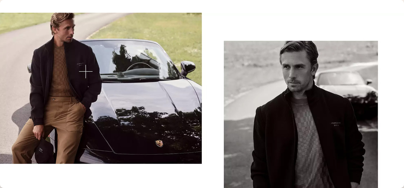 Two images of a man with light brown hair wearing a checkered brown sweater and black jacket with Porsche logo, posing by a shiny black Porsche sports car on a road with greenery in the background. The left image shows him sitting on the car hood with hands in pockets, the right image is a close-up portrait of him standing with the car blurred behind.
