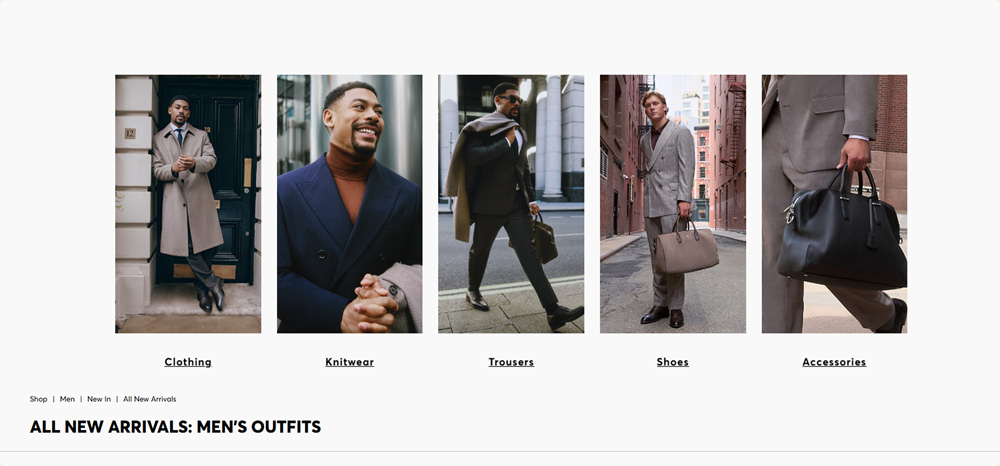 Five side-by-side images of men's fashion categories: a man in a beige overcoat leaning against a door for Clothing; a smiling man in a navy blazer and brown turtleneck for Knitwear; a man walking confidently in a grey suit carrying a brown bag for Trousers; a man standing in a grey double-breasted suit holding a beige bag for Shoes; and a close-up of a hand holding a black leather briefcase for Accessories.