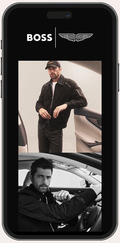 Smartphone display showing BOSS and Aston Martin logos at the top with two photos below: a man in a black jacket and black cap standing next to a car door, and a black-and-white photo of the same man seated in the driver's seat of a car, looking toward the camera.