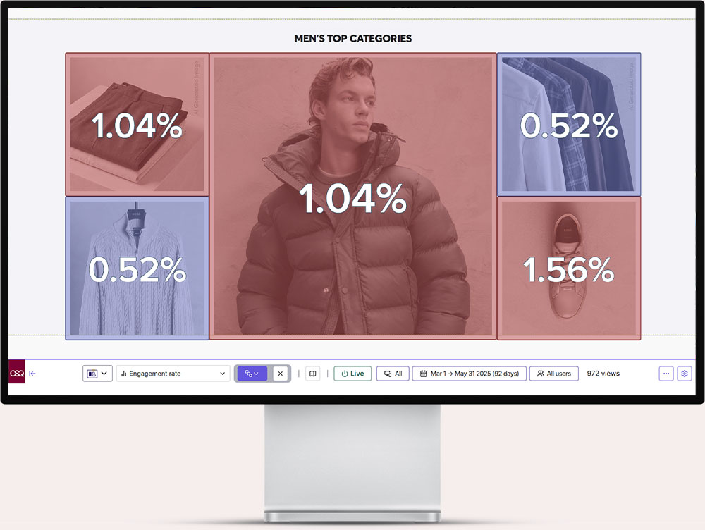 Computer screen showing a data dashboard titled 'Men's Top Categories' with images of folded pants (1.04%), a cable knit sweater (0.52%), a man in a puffer jacket (1.04%), hanging shirts (0.52%), and a sneaker (1.56%). The dashboard displays engagement rates for each category and a control panel below with date range March 1 to May 31, 2025, showing 972 views.