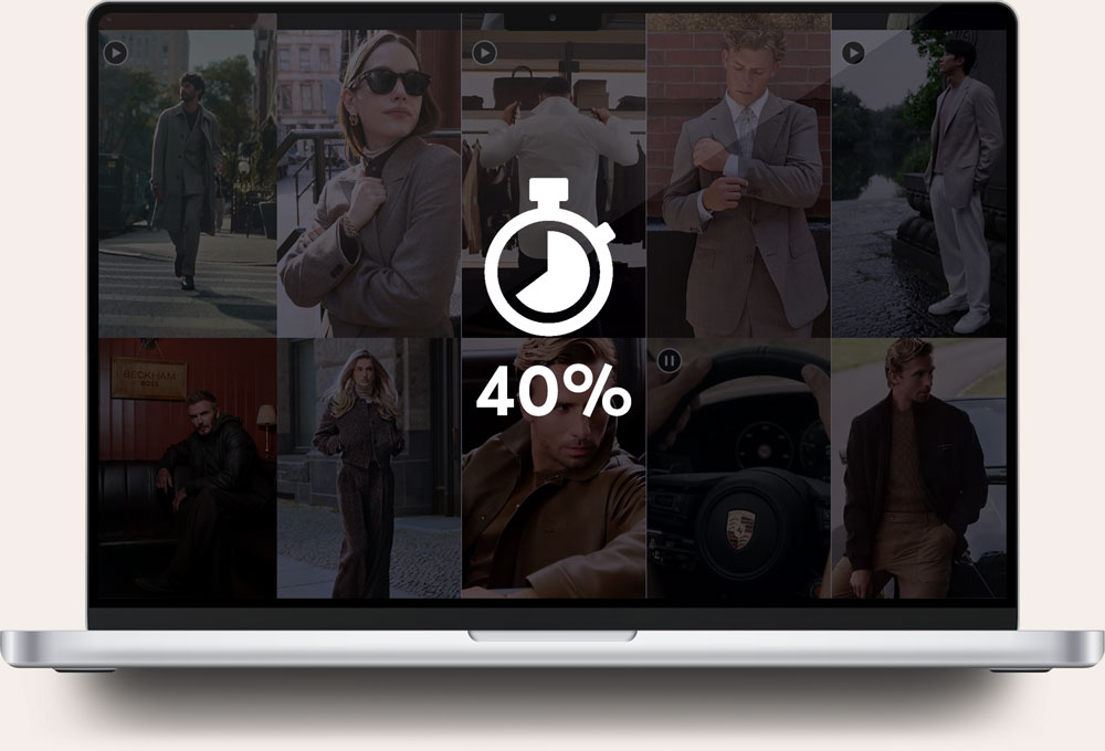 Laptop screen showing a dark-themed video grid with nine video thumbnails of men and women dressed in stylish outfits, each with a play or pause icon, and a large white stopwatch icon with '40%' text overlay in the center.