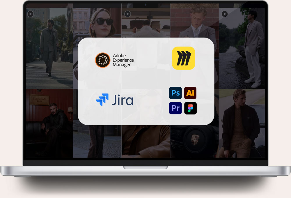 Laptop screen showing logos of Adobe Experience Manager, Miro, Jira, Adobe Photoshop, Illustrator, Premiere Pro, and Figma over a blurred background of fashion photos featuring men in various outfits.