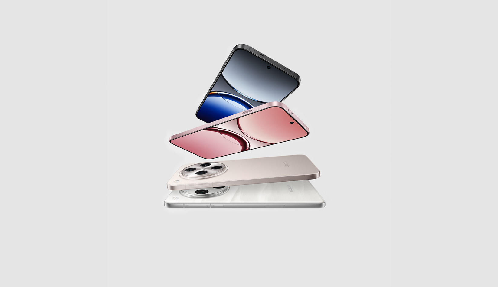 Four OPPO smartphones displayed in a floating arrangement showing front and back views; phones have sleek designs in colors including silver, beige, pink, and black with round camera modules visible on the backs.