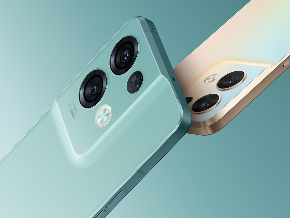 Two modern smartphones shown from the back, one in teal with three cameras and flash, the other in gold with two cameras and flash, set against a teal background.