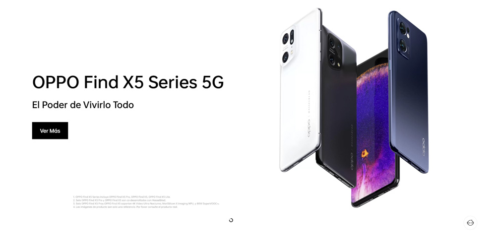 Three OPPO Find X5 Series 5G smartphones in white, black, and blue floating with a front screen displaying colorful abstract design, accompanied by text reading OPPO Find X5 Series 5G and El Poder de Vivirlo Todo with a Ver Más button.