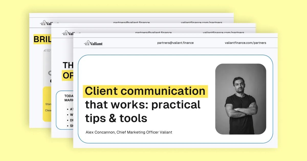 Three overlapping presentation slides on a yellow background, front slide titled 'Client communication that works: practical tips & tools' with a photo of a man with folded arms.