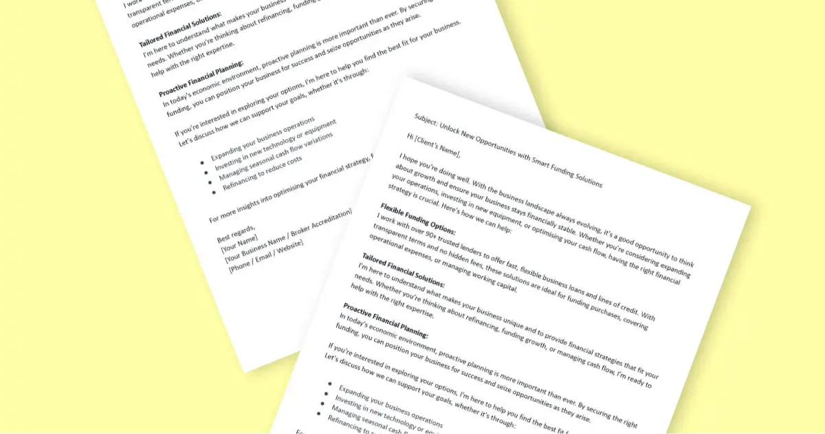 Two angled printed email templates on smart funding and financial solutions against a pale yellow background.