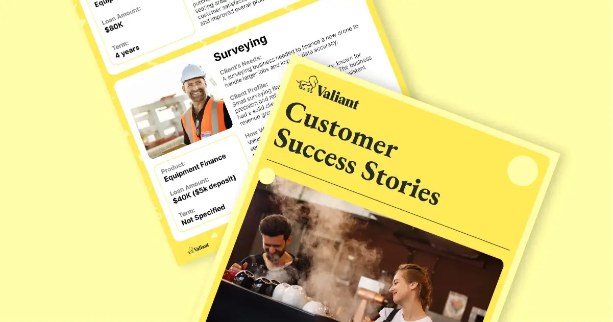 Two yellow brochures titled 'Valiant Customer Success Stories,' one shows a smiling male construction worker, the other shows a man and woman working in a café.