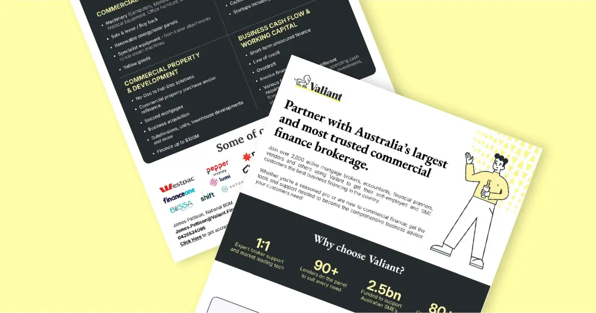 Two angled pages showing Valiant commercial finance brochure with partner logos, key offerings, and a smiling illustrated person holding a cup.
