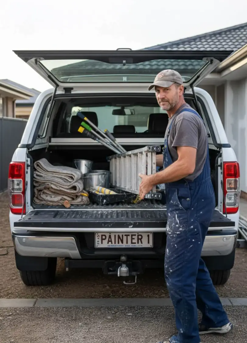 Painter in overalls carrying a ladder from the back of a white ute with painting supplies, license plate reads PAINTER 1.